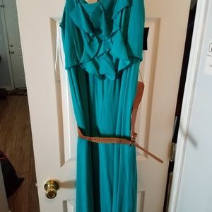Turquoise below knee dress with belt